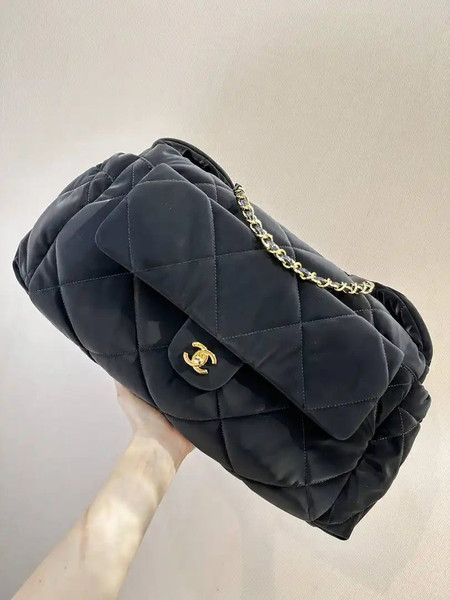 Chanel Maxi Bowling Bag Velvet-Effect Nylon & Gold-Tone Metal AS5055 Black
