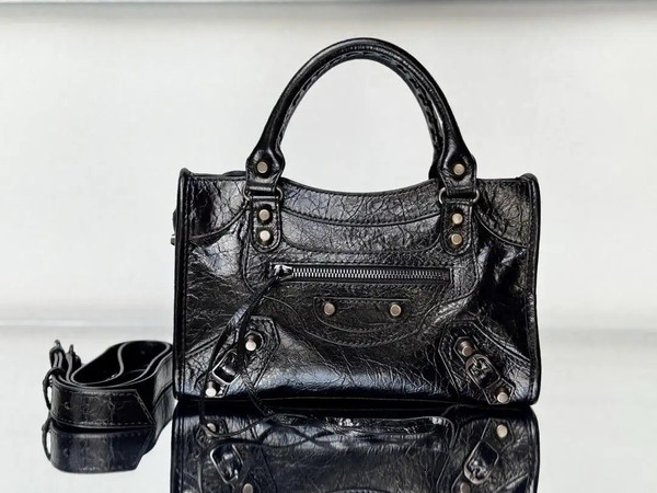 Balenciaga 8414582 Women Le City First Bag in Black Arena Storico lambskin brass hardware