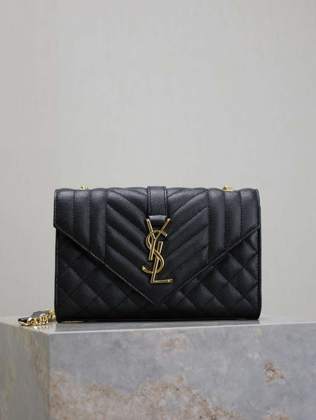 YSL 600195 Envelope Small In Quilted Grain De Poudre Embossed Leather Black Gold
