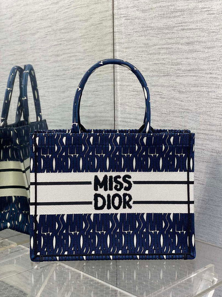 Dior M1296 Medium Book Tote Blue and Black Miss Dior Allover Embroidery M9639