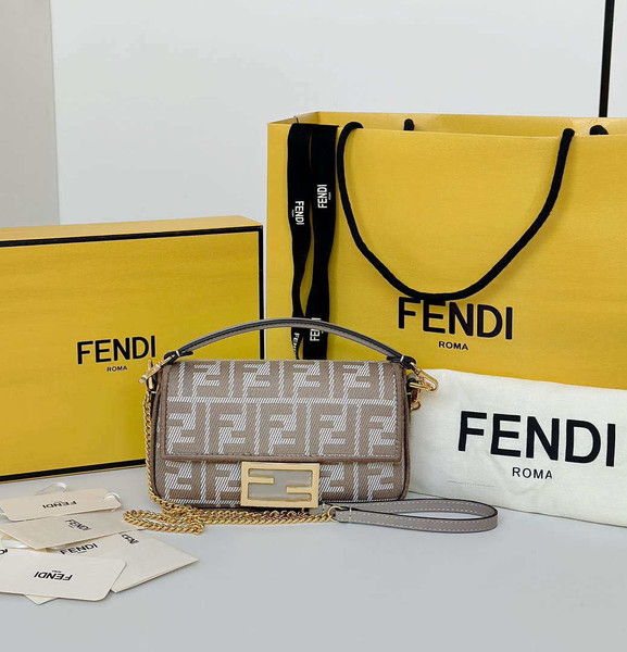 Fendi 8BS017  Baguette Mini Dove Gray denim-effect FF jacquard bag
