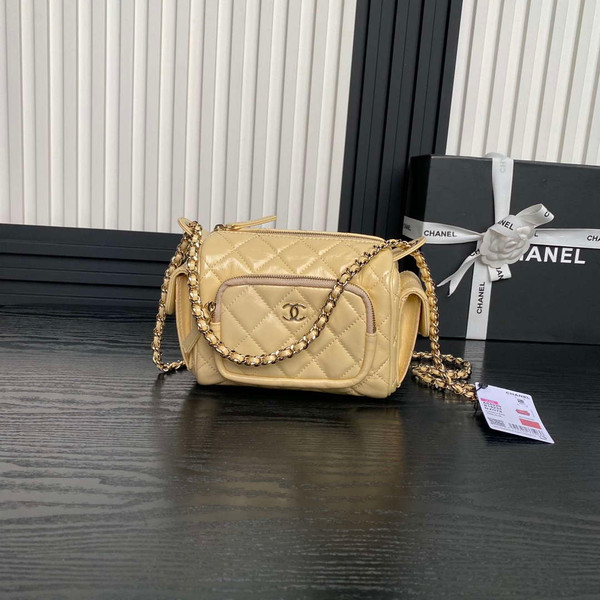 Chanel AS5220 Small Camera Case Bag Shiny Crumpled Lambskin & Gold-Tone Metal Apricot