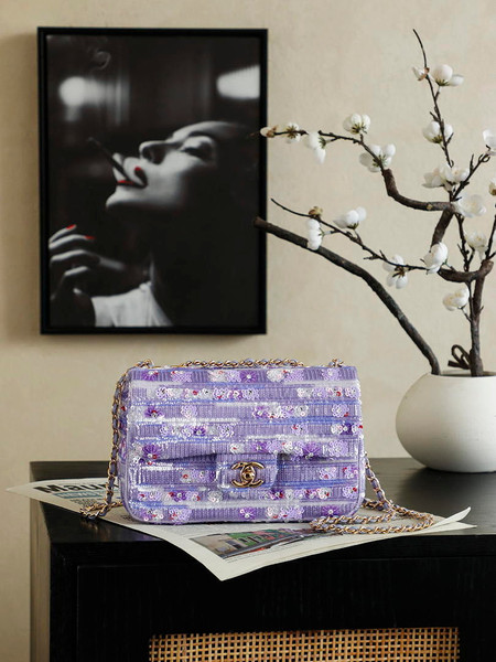 Chanel  26C Flap Violet Glitter Sequins Lambskin 21cm Purple