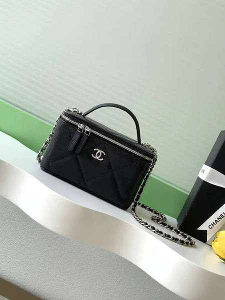 Chanel AP4933 25K Long Vanity with Chain Grained Shiny Calfskin Silver Black