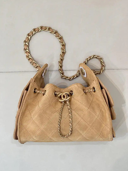 Chanel AS5631 Mini Hobo Suede & Gold-Tone Metal Apricot
