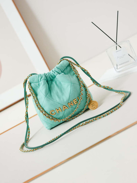 CHANEL 22 Mini Handbag Washed Canvas & Gold-Tone Metal AS3980 Green