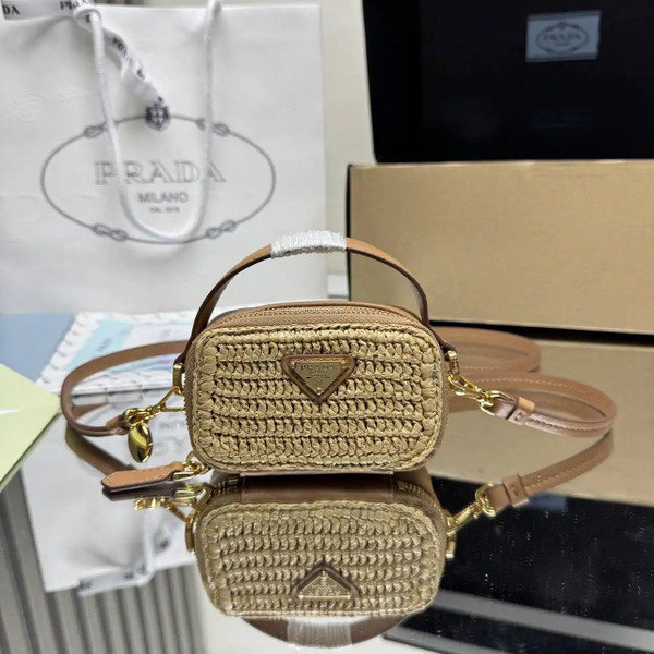 Prada 1NR025 Crochet and leather mini-pouch Natural