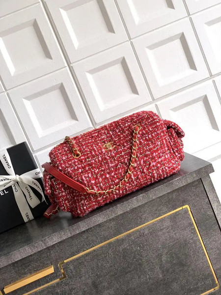 Chanel AS5792 25C Large Bowling Bag Tweed & Gold Metal  Red Pink & Black
