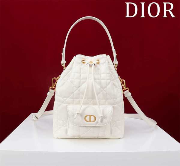 Dior Small Caro Bucket Bag Powder White Macrocannage Lambskin M3372