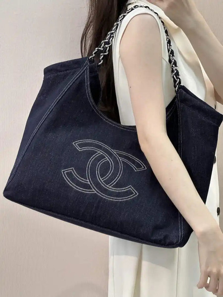 Chanel AS2138 XL Denim Coco Cabas Tote Blue