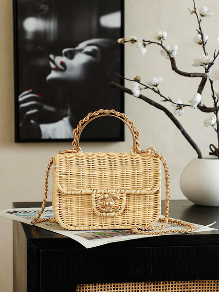 Chanel AS5984 Mini Flap Bag with Top Handle Braided Rattan & Gold-Tone Metal  Beige