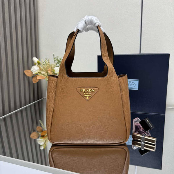 Prada 1BG335 Tote Leather Bucket Handbag Brown