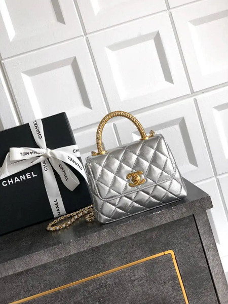 Chanel AS2214 Mini Flap Bag with Top Handle calfskin diamante gold metal Silver
