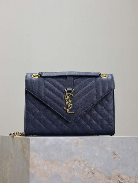 YSL 600185 Envelope Meduim In Quilted Grain De Poudre Embossed Leather Navy Blue