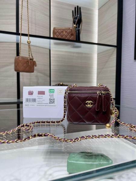 Chanel AP1447 small Vanity with chain lambskin gold Adjustable small gold balls Wine Red