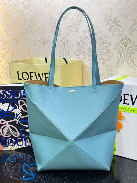 Loewe Medium Puzzle Fold tote in shiny calfskin A657G50X01 Lake Blue
