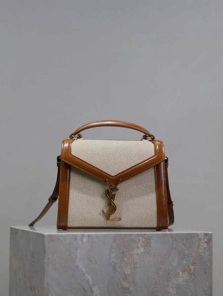 YSL 623930 Cassandra Mini Top Handle In Box Saint Laurent linen with Brown Leather