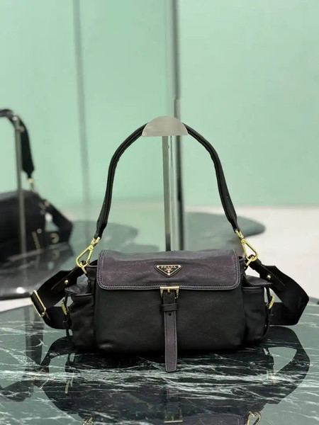 Prada Explore medium Lambskin leather shoulder bag with flap 1BD394 Black