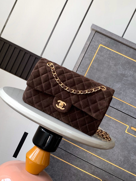 Chanel A01112 Flap Classic 11.12 Handbag Suede leather & Gold-Tone Metal Dark Brown