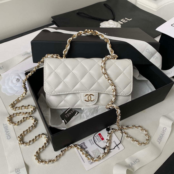 Chanel Phone Holder with Chain CC Lambskin & Gold-Tone Metal AP3226 White