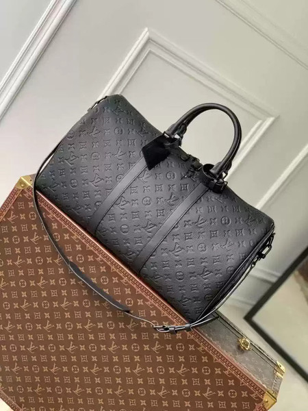 LV M59025 Louis Vuitton Keepall Bandoulière 50 Travel Bag Monogram taurillon leather Black