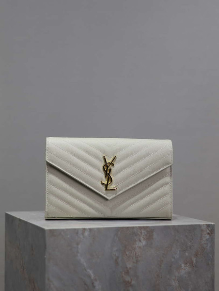 YSL 377828 Classic Cassandre chain wallet in grain de Poudre leather White Gold