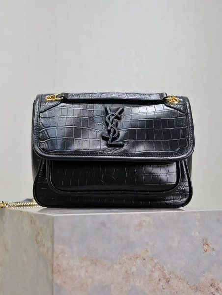 YSL 633151 Niki Baby Chain Bag IN crocodile Leather Black