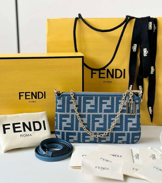 Fendi  8BS073 Baguette Pouch Blue denim-effect FF jacquard charm pouch with chain