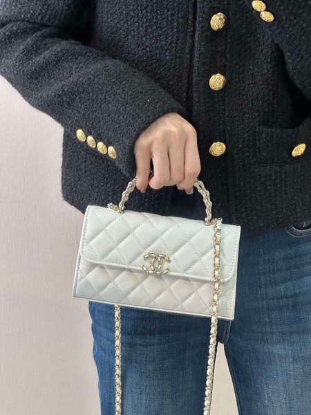 Chanel AP3238 Phone Holder with Chain Grained Shiny Calfskin White