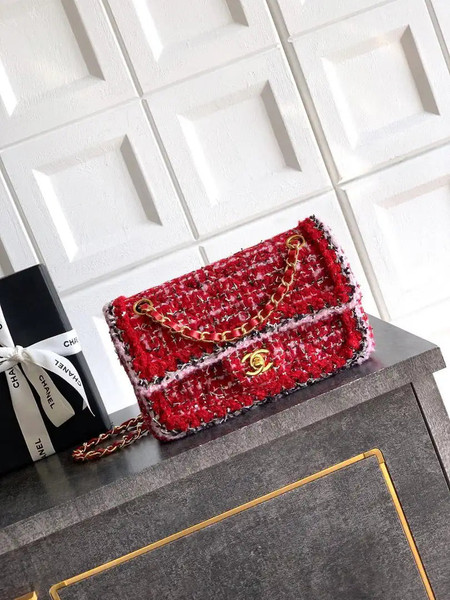 Chanel 25C Mini Flap bag Tweed and gold metallic 23CM A01117 Red