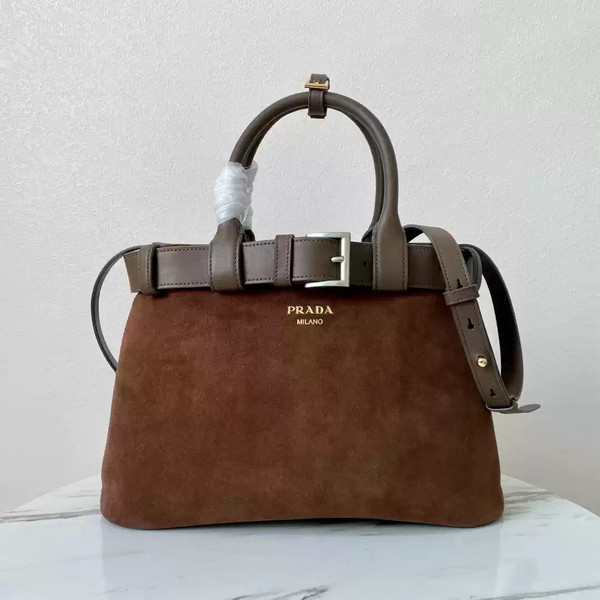 Prada 1BA434 Drak Brown Prada Buckle Medium Suede Handbag With Belt