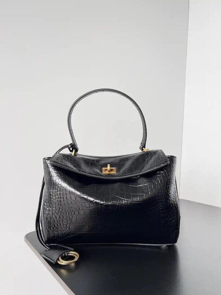 Balenciaga 7897792 Rodeo Handbag Small in Black Crocodile pattern calfskin Gold