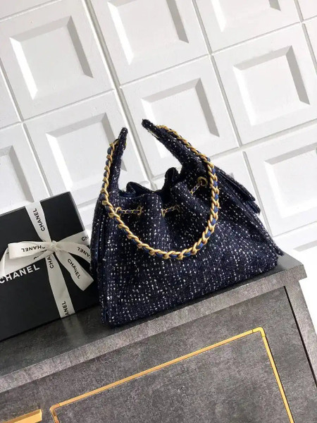 Chanel AS5293 Small Hobo Tweed & Gold-Tone Metal Dark Blue