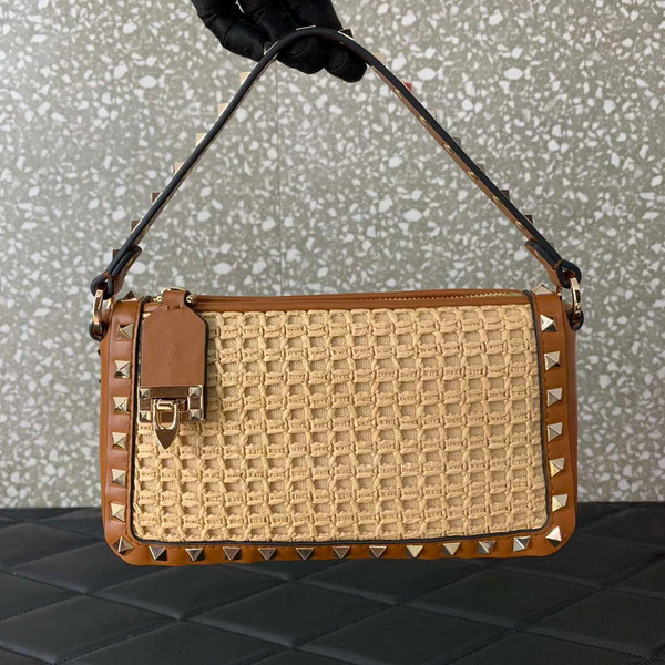 Valentino 03111 Garavani Rockstud Shoulder Bag Raffia