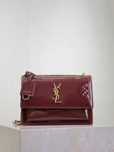 YSL 442906 SUNSET MEDIUM IN Patent LEATHER Wine Red