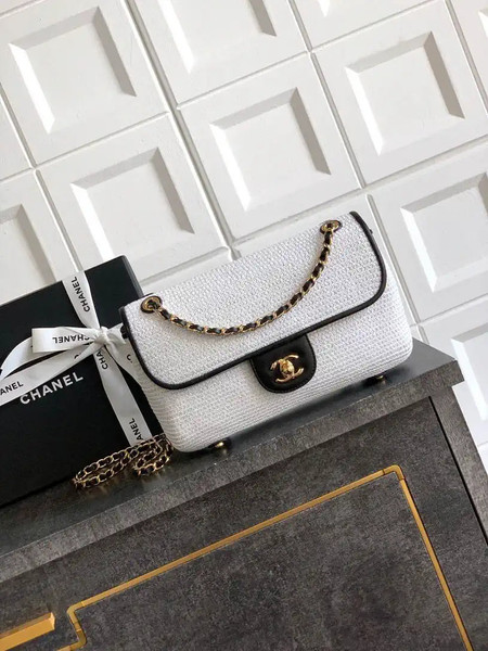 Chanel 26C AS5929 Flap Handwoven Raffia Shopping Bag 26cm White
