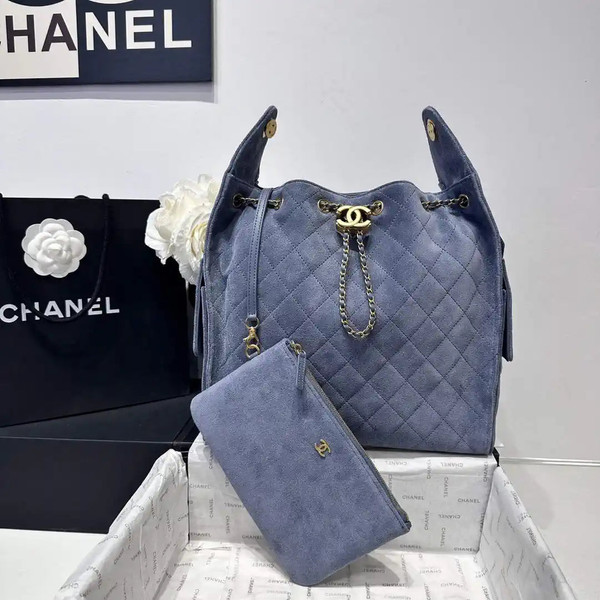 Chanel AS5311 Large Hobo Suede & Gold-Tone Metal Gray Blue