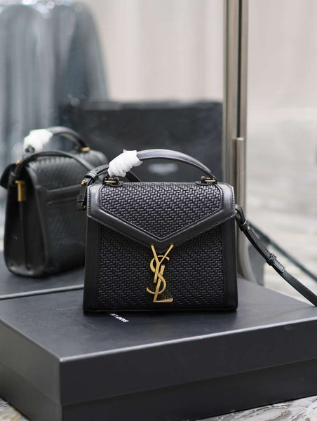 YSL 623930 Cassandra Mini Top Handle In Box Saint Laurent Braided with top-grain cowhide Black
