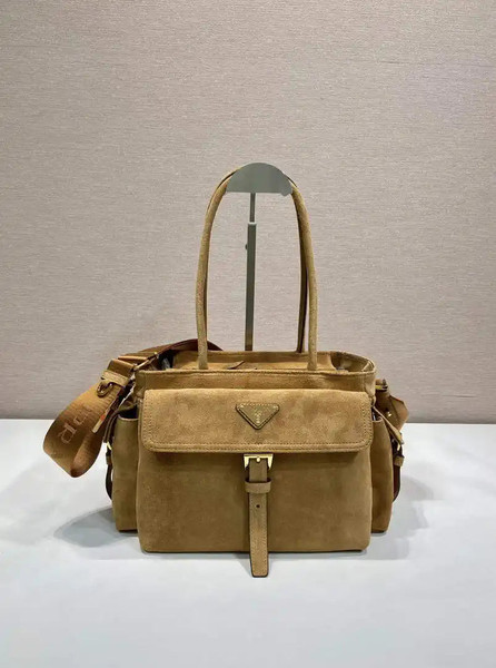 Prada Explore medium suede leather tote bag 1BG596 Brown
