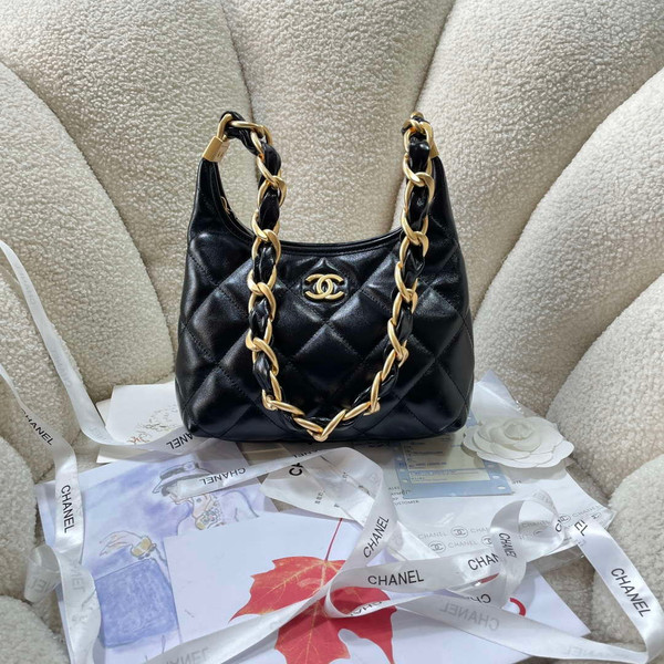 Chanel AS4922 Small Hobo Shiny Lambskin & Gold-Tone Metal Black