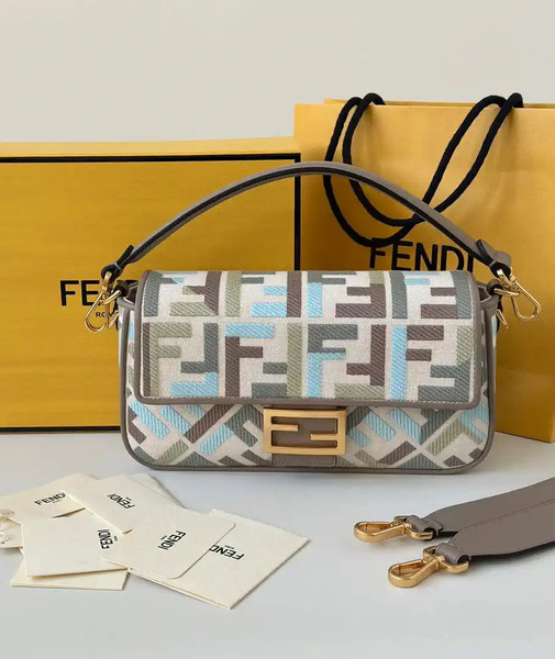 Fendi 8BR600 Baguette Medium bag with FF embroidery 0159BM Blue Gray