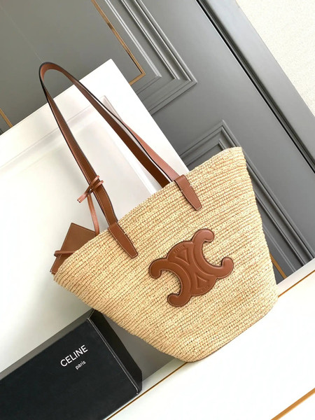 Celine 114342 Medium Supple Celine Classic Panier In Raffia And Calfskin