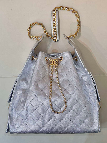 Chanel AS5311 Large Hobo Shiny Calfskin & Gold-Tone Metal Silver