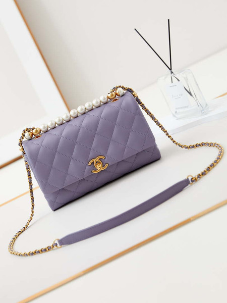 Chanel AS4997 Flap Bag with top Handle Shiny Lambskin  Imitation Pearls & Gold-Tone Metal Purple