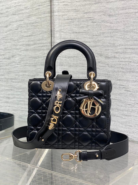 Dior M0531OUQA_M030 Small Lady Dior Bag with Strap Black Cannage Lambskin