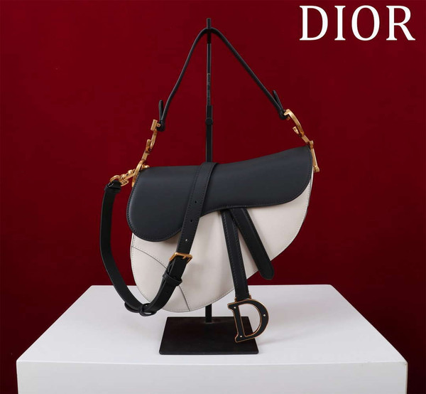 Dior M0455 Saddle Bag With Strap plain weave White and Black Calfskin M0456