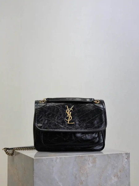 YSL 633151 Niki Baby Chain Bag Black wax leather with gold