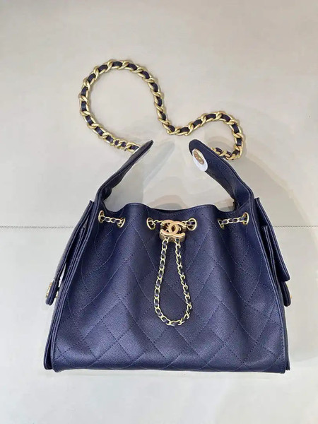 Chanel AS5293 Small Hobo Calfskin & Gold-Tone Metal Navy Blue