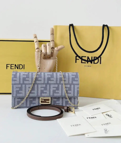 Fendi 8BR828AS7AF1QD0 Baguette Chain Large Blue denim-effect FF jacquard bag 8638