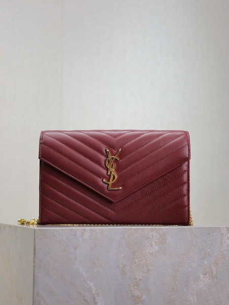 YSL 377828 Classic Cassandre chain wallet in Lambskin Wine Red